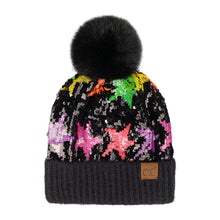 Load image into Gallery viewer, CC Neon Star Sequin Fur Pom Beanie
