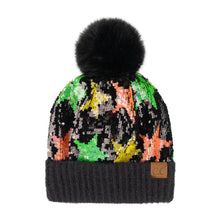 Load image into Gallery viewer, CC Neon Star Sequin Fur Pom Beanie
