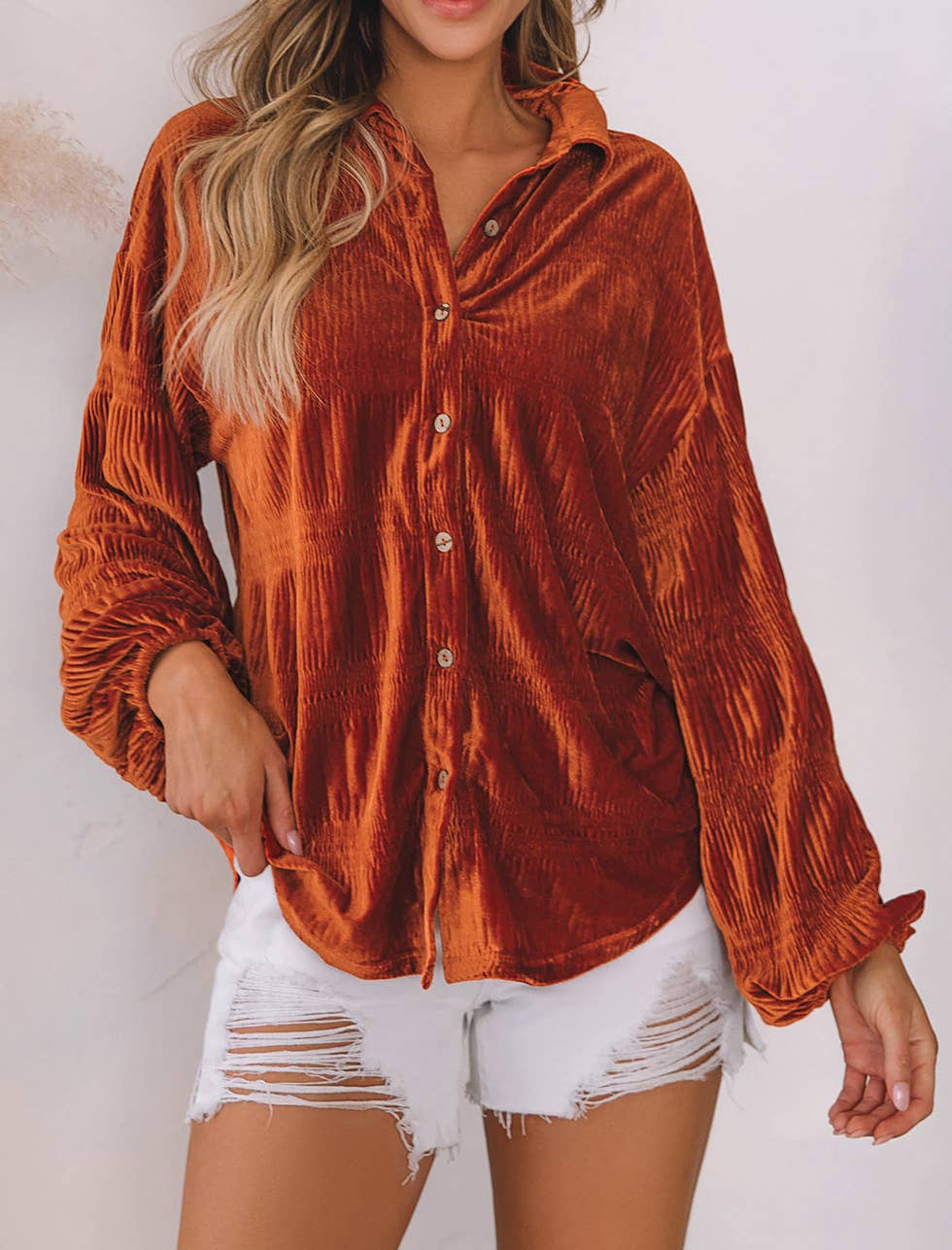 Crinkle Velvet Lantern Sleeve Shirt