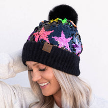 Load image into Gallery viewer, CC Neon Star Sequin Fur Pom Beanie
