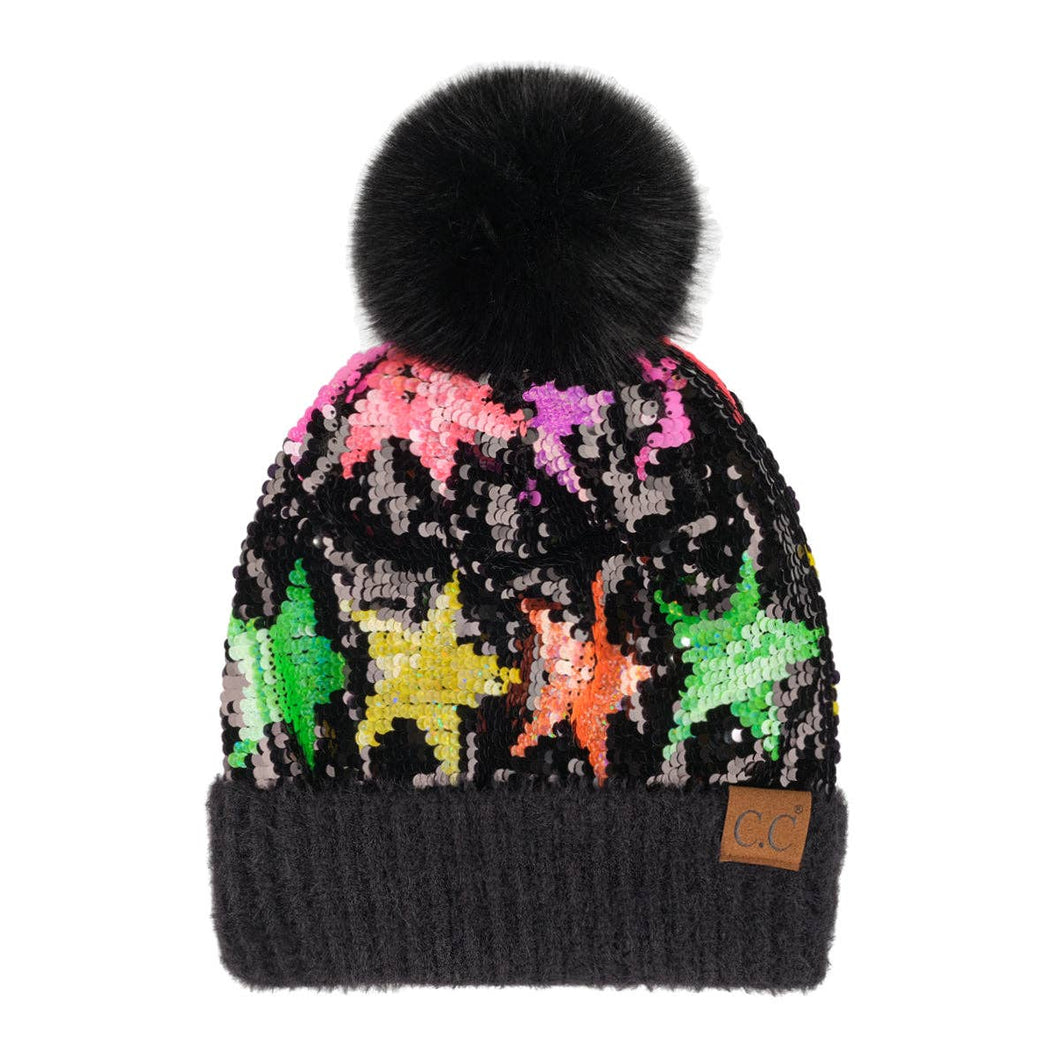 CC Neon Star Sequin Fur Pom Beanie