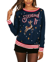 Load image into Gallery viewer, Sleighin’ It Women&#39;s Sequin Reindeer Ugly Christmas Sweater
