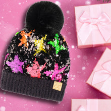 Load image into Gallery viewer, CC Neon Star Sequin Fur Pom Beanie
